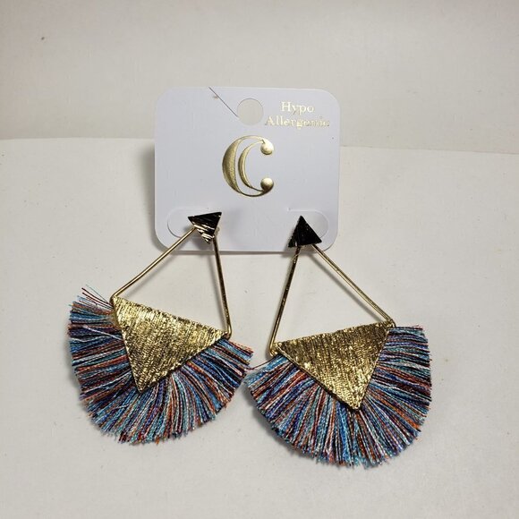 Boho Multicolor Fan Earrings w/ Gold tone Triangle Post Statement Women Jewelry - Picture 6 of 10